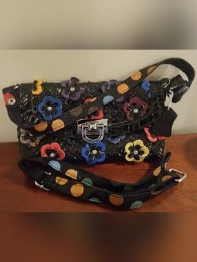 Boutique Black Floral Appliqué Leather Mini Crossbody Bag